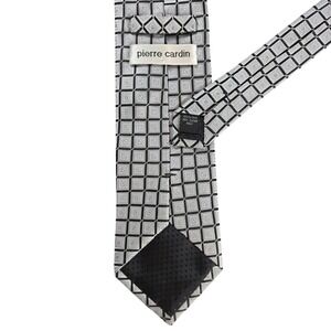 Pierre Cardin Mens Silver Black Geometric Silk Necktie Square Grid Pattern Tie